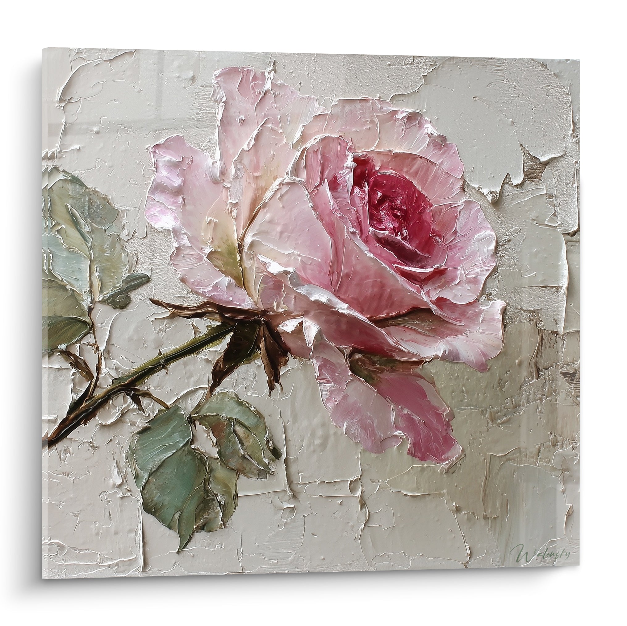 Rose rose et rouge carmin sur fond ivoire craquelé, texture épaisse au couteau