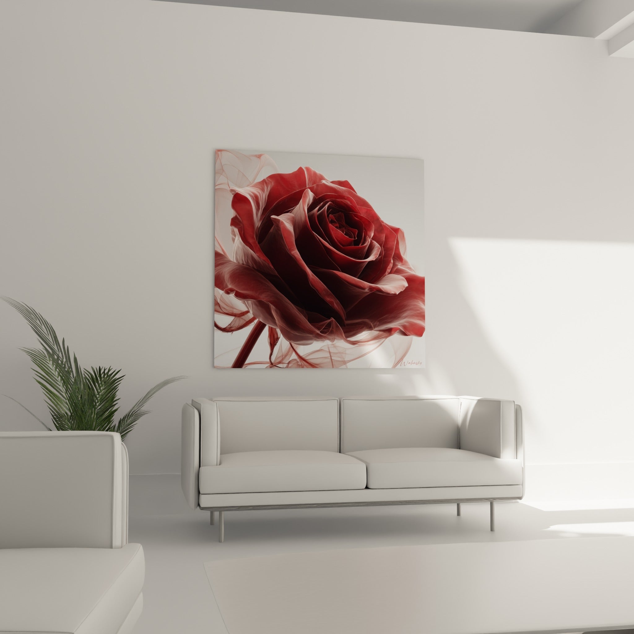 Fleur rouge intense entourée de volutes translucides accrochée au-dessus d'un canapé dans un salon lumineux