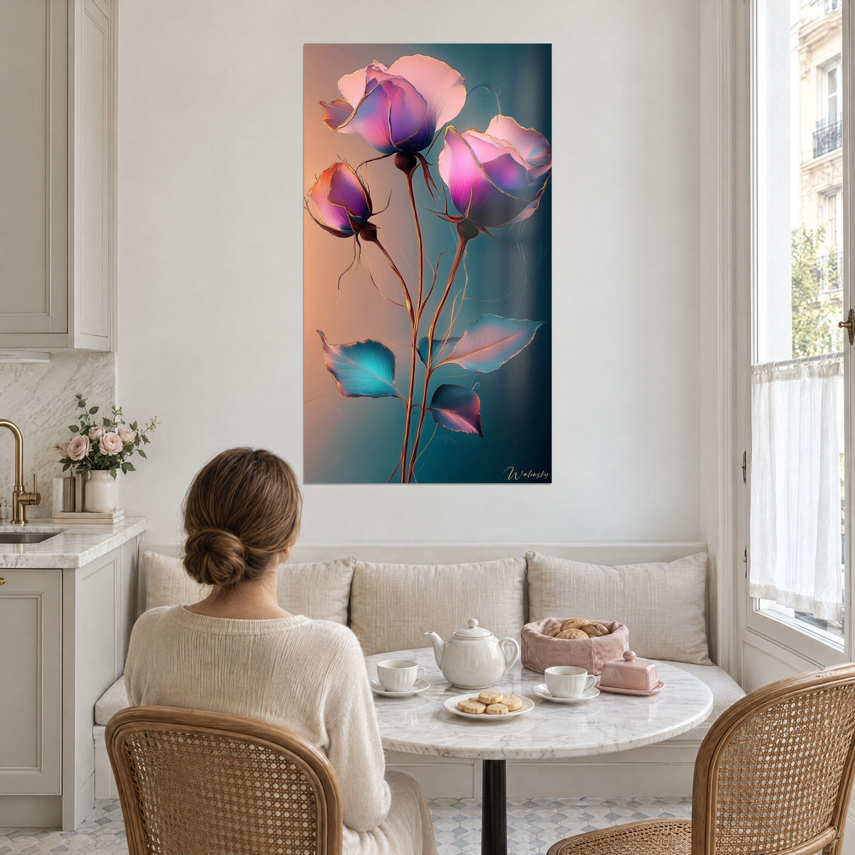 Gemälde mit einer aufgeblühten Rose mit lilafarbenen Blütenblättern, goldener Randlinie, türkisfarbenen Blättern, neben einem runden Tisch hängend, an dem eine Frau Tee trinkt