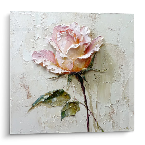 Tableau Rose rose et blanc à la tige unique - Fragilité épanouie - Edition fleur nature