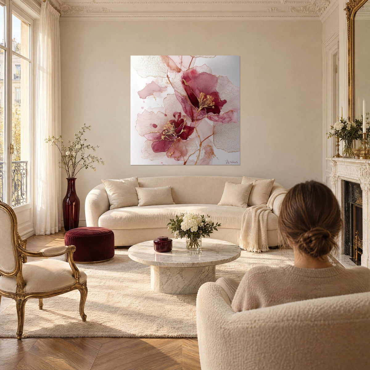 Schilderij van paarse bloemen met poederroze bloemblaadjes en gouden nerven, een vrouw kijkt er van achteren naar boven een bank in een lichte woonkamer