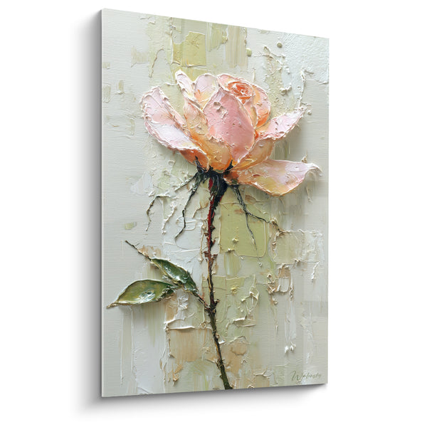 Tableau Rose rose et pêche à tige effilée - Feuillage aux nervures argentées - Edition fleur nature