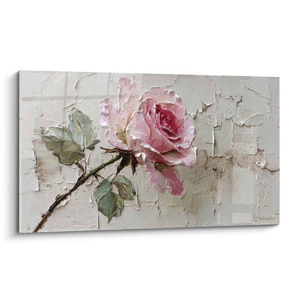Tableau Rose rose et blanc à tige épineuse - Tendresse suspendue - Edition fleur nature