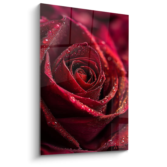 Rose rouge et bordeaux couverte de gouttes de rosée, pétales veloutés en gros plan photographique