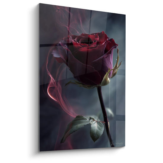 Tableau Rose rouge et anthracite aux volutes de fumée - Souffle mystérieux - Edition fleur nature