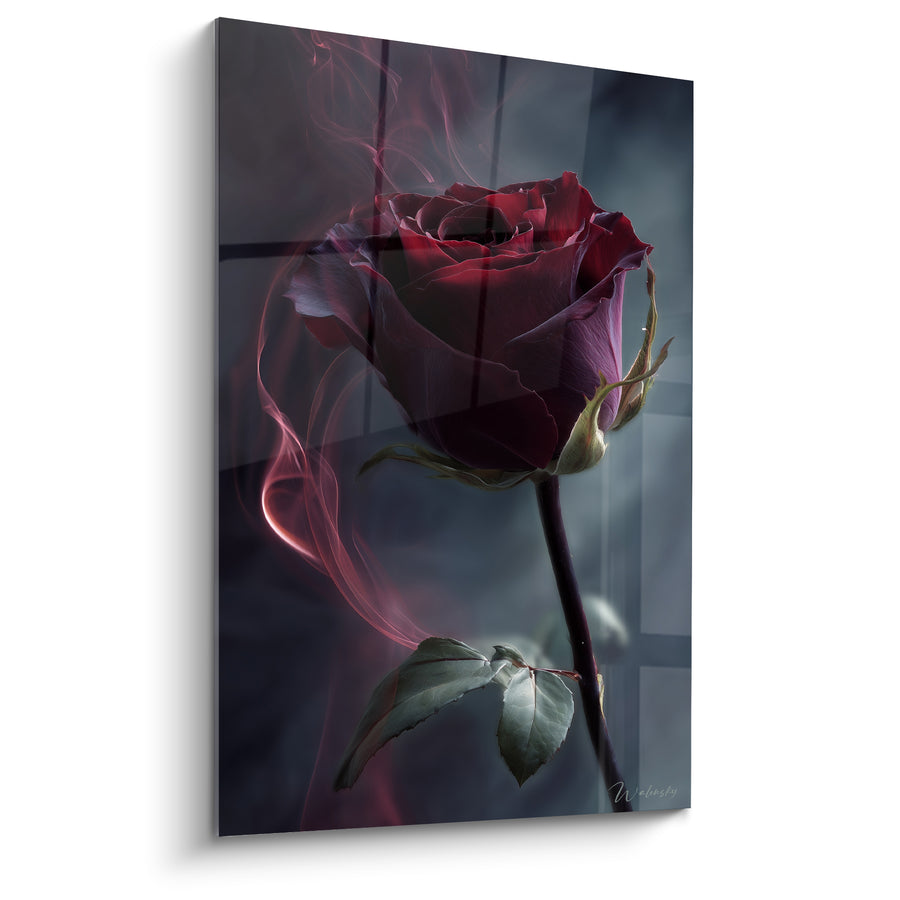 Tableau Rose rouge et anthracite aux volutes de fumée - Souffle mystérieux - Edition fleur nature