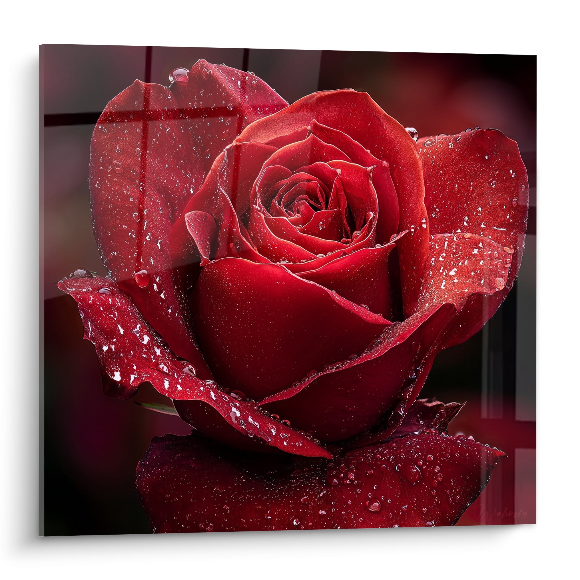 Rose rouge éclatante couverte de gouttes de rosée, pétales veloutés sur fond bordeaux et noir