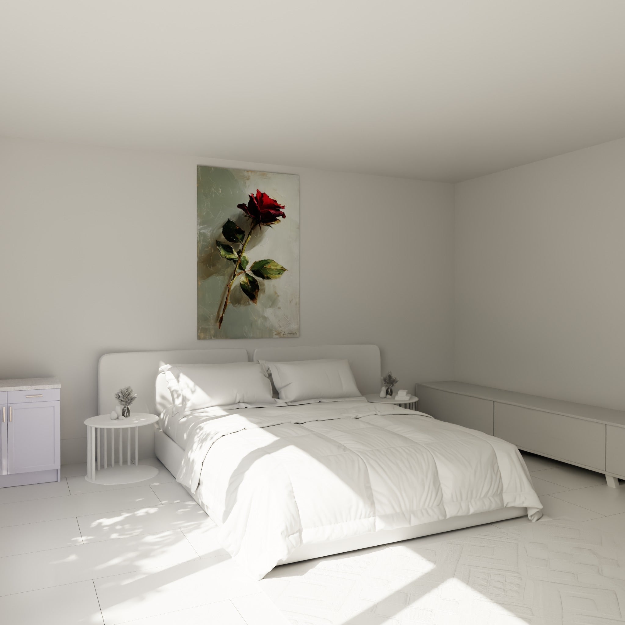 Fleur nature en rouge et vert olive accrochée au-dessus d'un lit dans une chambre claire