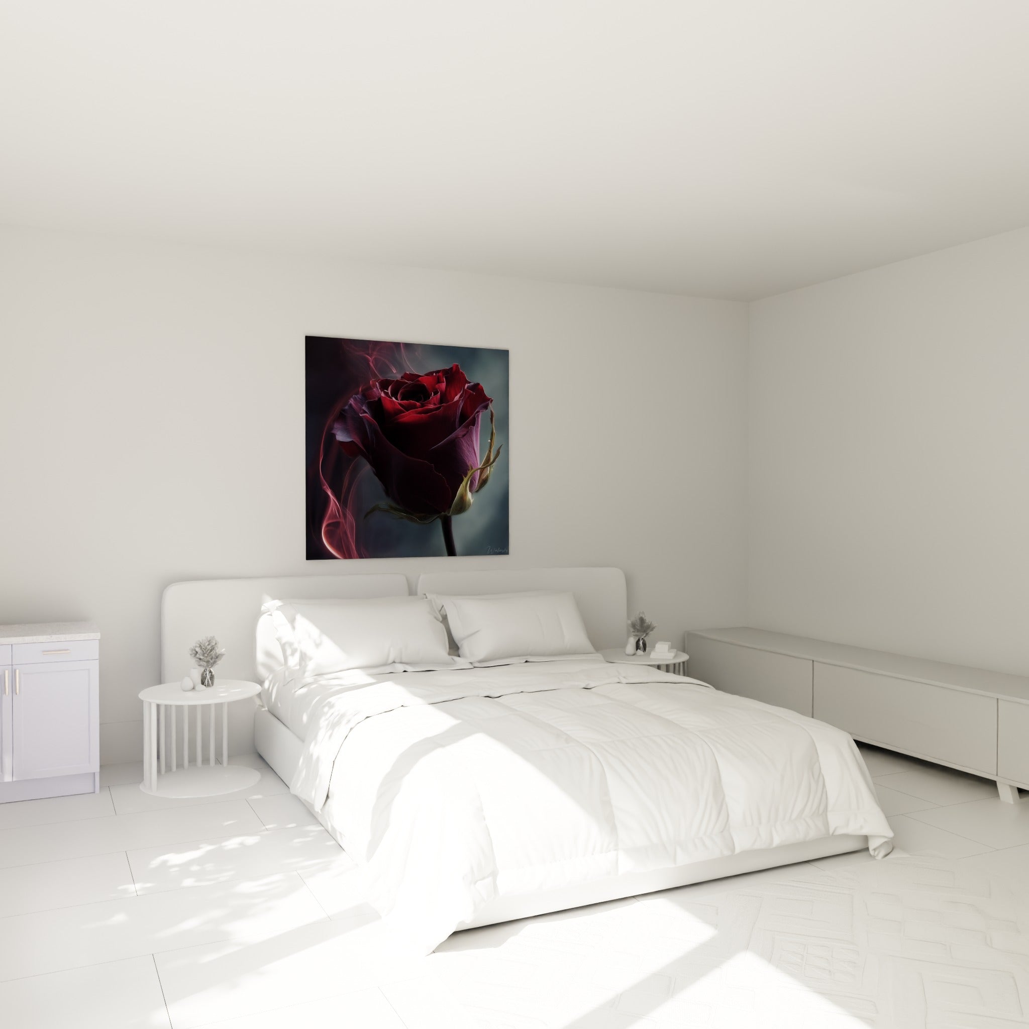 Fleur bordeaux et fumée rosée en toile murale au-dessus d'un lit dans une chambre claire