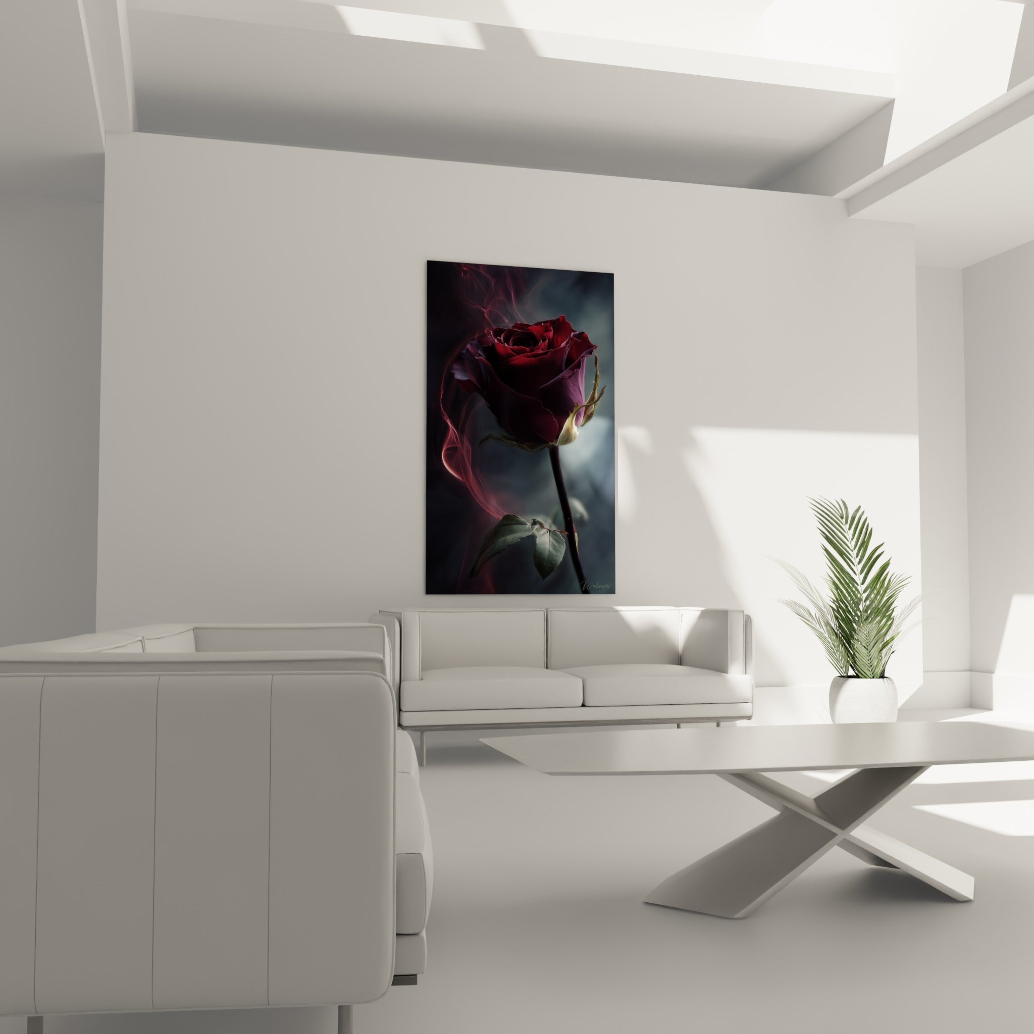 Pétales bordeaux et fumée vaporeuse composent ce tableau, installé au-dessus d'un canapé dans un salon lumineux