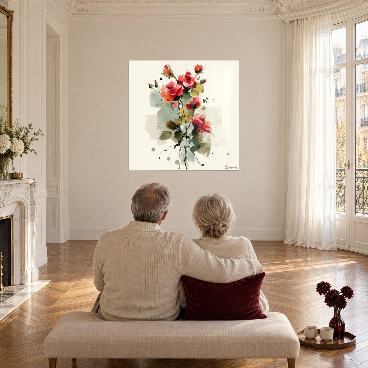 Schilderij rozentak in roze en rood, vage grijsgroene vlakken, tegenover een zittend stel in een woonkamer in Haussmann-stijl