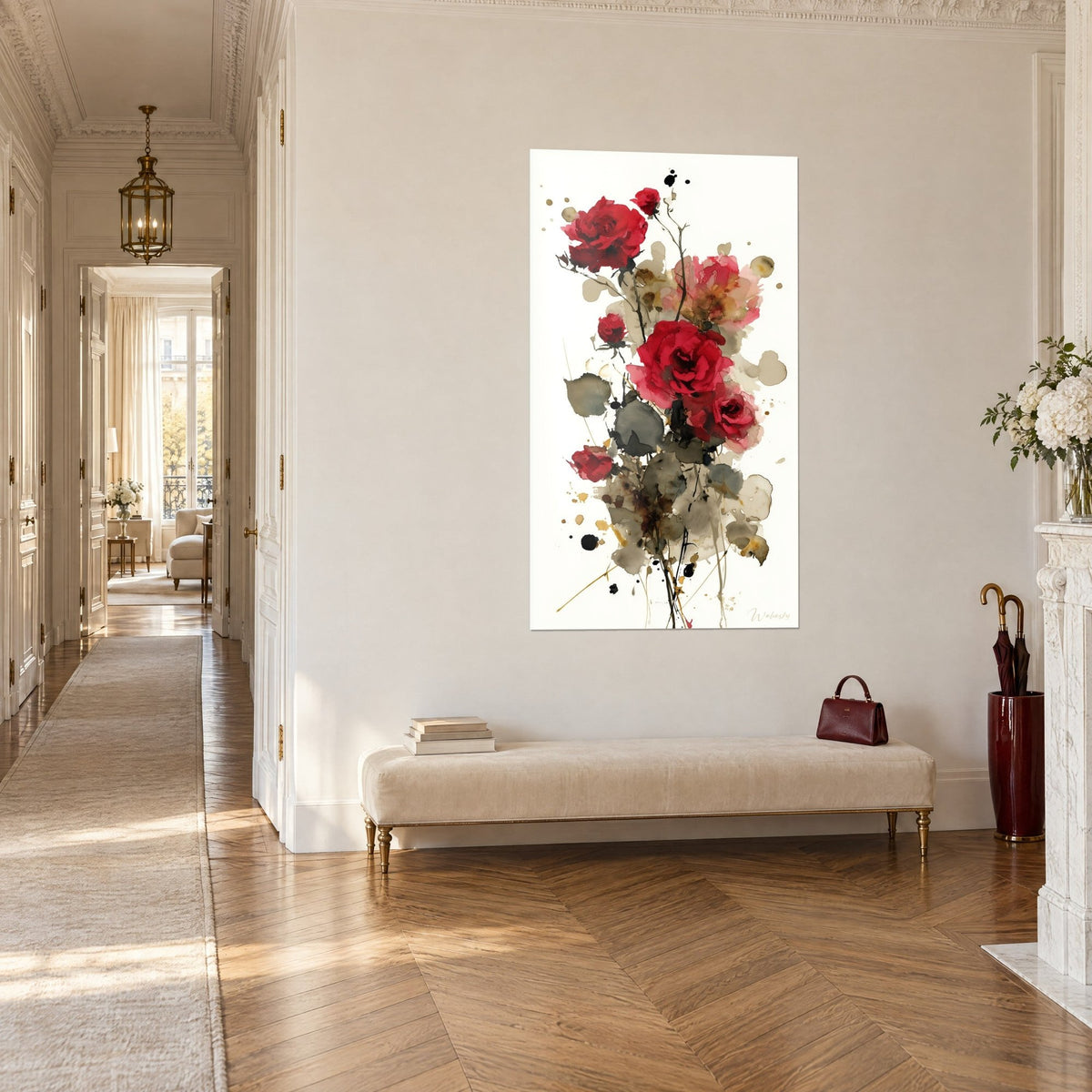 Wall art Peony spray in deep purple on an ivory background, grey-green foliage, three-quarter view of a Haussmann-style parquet hallway