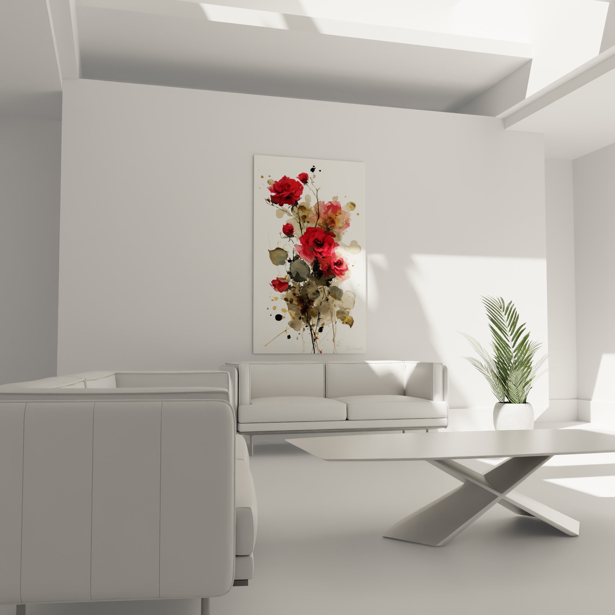 Fleurs rouges et taupe en aquarelle placées au-dessus d'un canapé dans un salon lumineux
