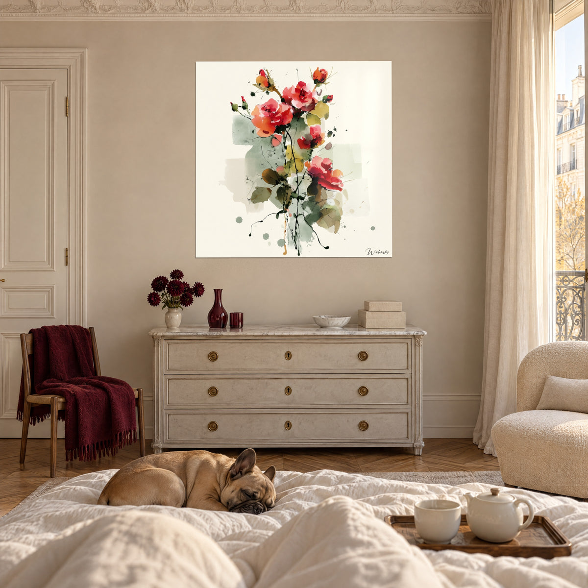 Schilderij tros karmijn- en koraalrozen, grijsgroene spatten, boven een bed in een lichte slaapkamer