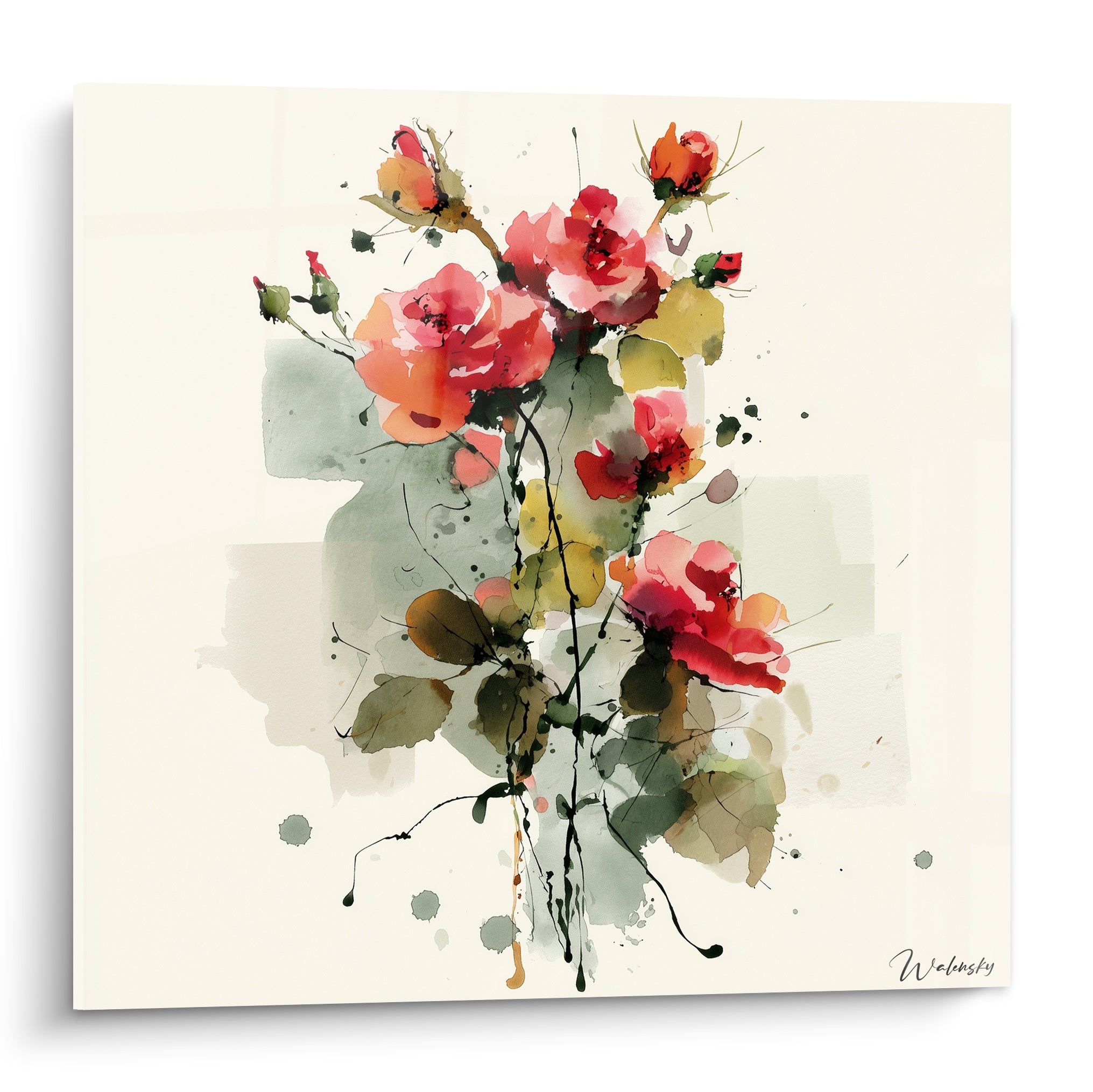 Bouquet de roses corail et vertes en aquarelle sur fond ivoire, coulures noires descendantes