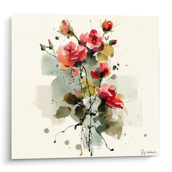 Tableau Roses roses et vertes en aquarelle - Bouquet suspendu - Edition fleur nature