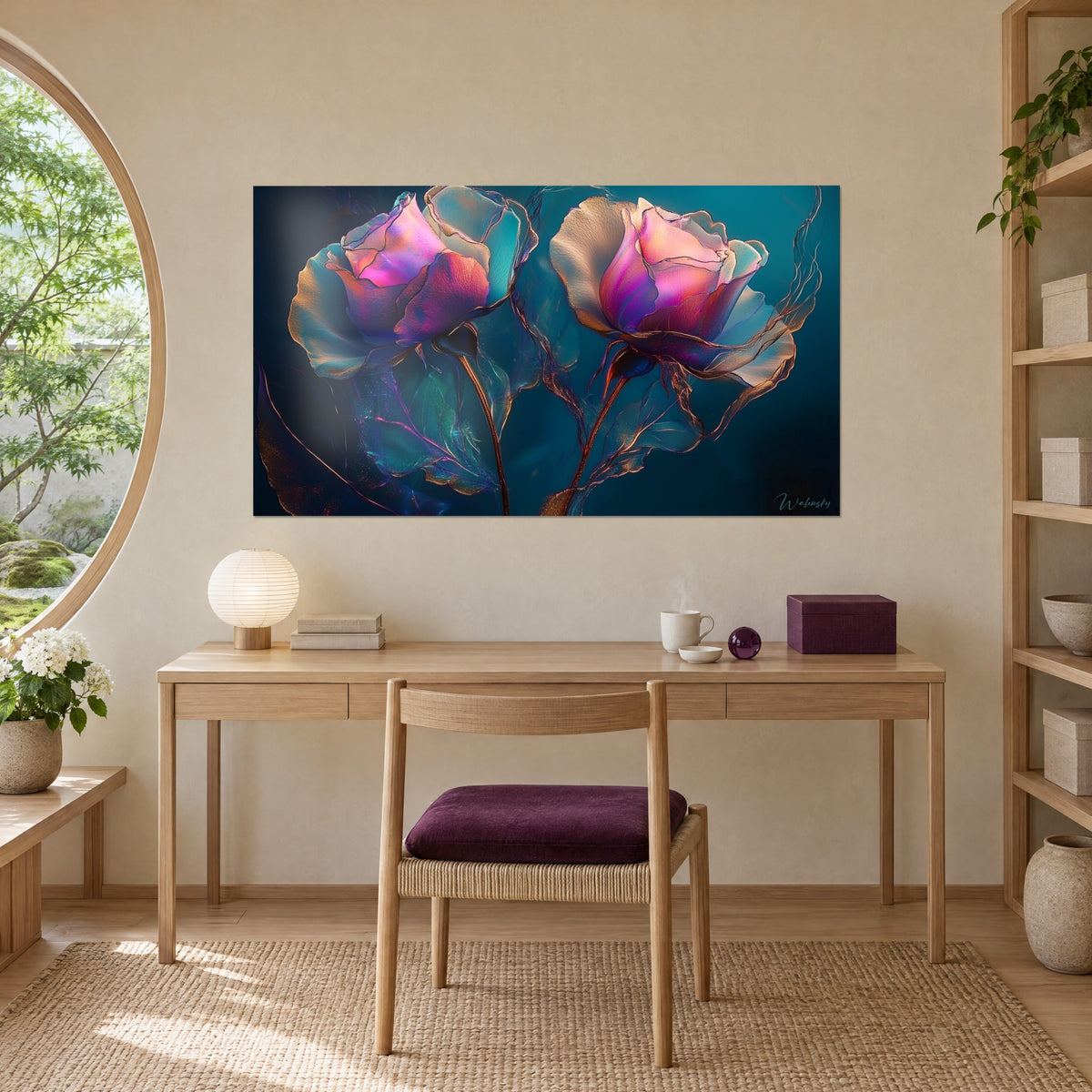 Cuadro de un par de rosas diáfanas violeta y rosa pálido, follaje turquesa nacarado, colgado encima de un escritorio de madera clara junto a un círculo de cristal