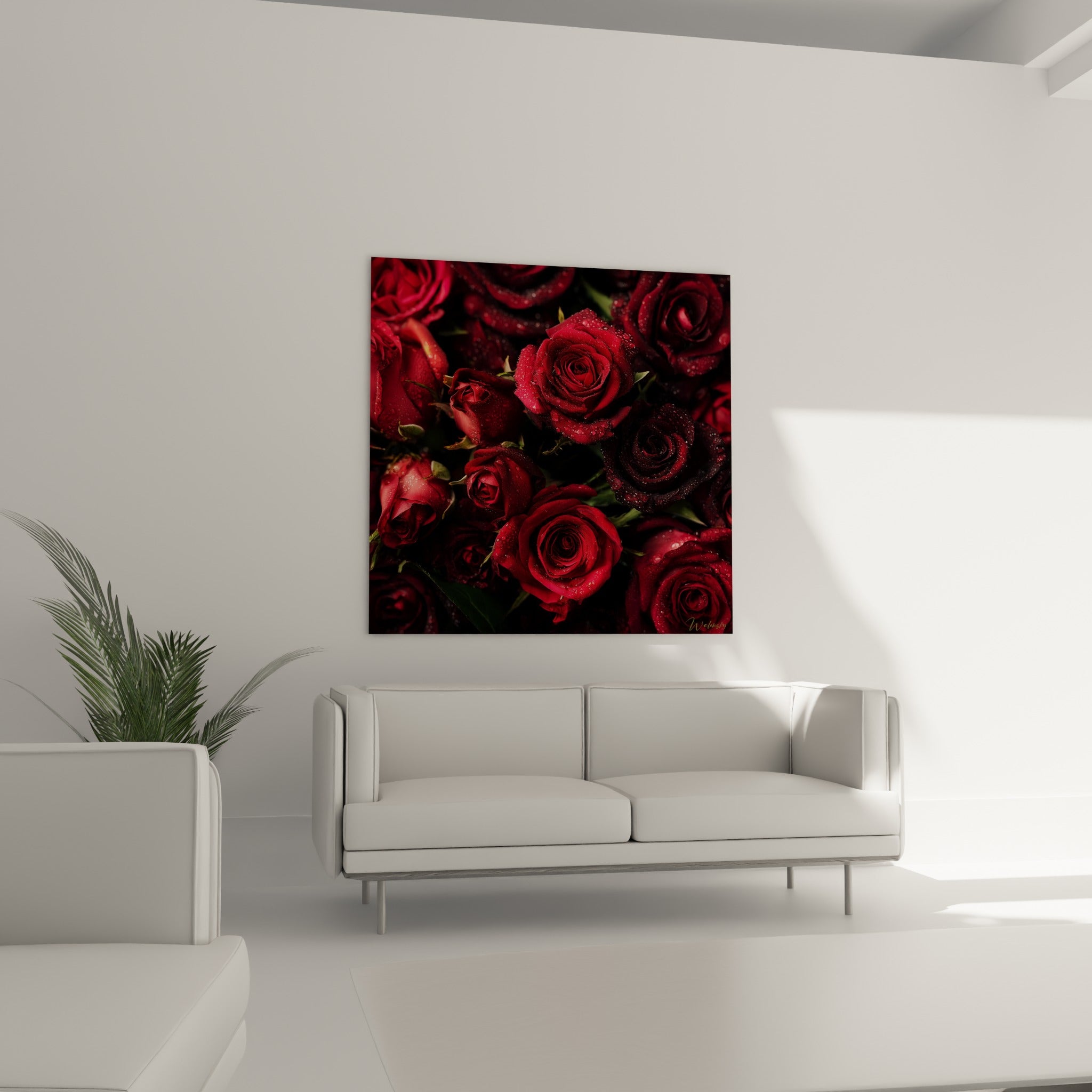 Fleurs rouges veloutées ornées de gouttes d'eau au-dessus d'un canapé dans un salon lumineux