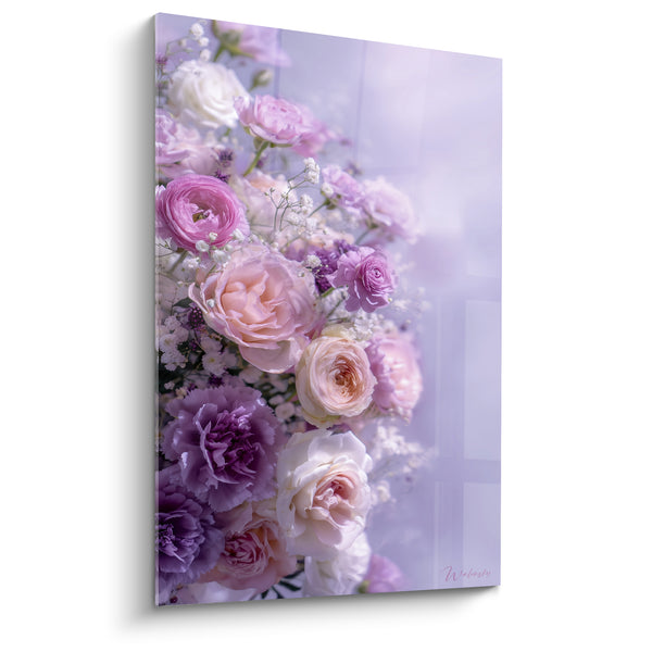 Tableau Roses pêche et mauve aux brins de gypsophile - Œillets pourpres en bouquet - Edition fleur nature