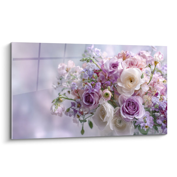 Tableau Roses mauve et blanc en bouquet vaporeux - Renoncules et petites fleurs mauves - Edition fleur nature