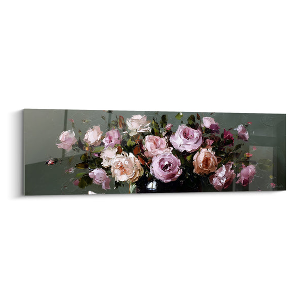Tableau Roses roses et crème en vase sombre - Bouquet panoramique étalé - Edition fleur nature