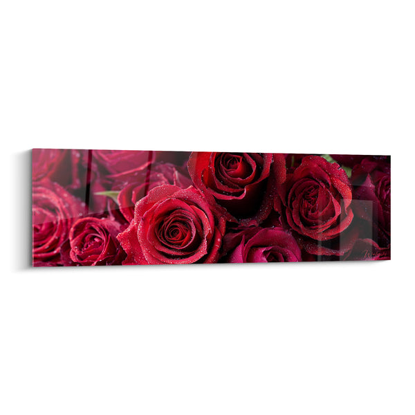 Tableau Roses rouges et bordeaux en bouquet serré - Panorama floral dense - Edition fleur nature