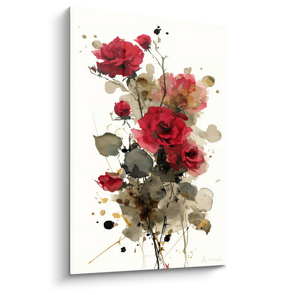 Tableau Roses rouges aux éclaboussures dorées - Élan romantique - Edition fleur nature