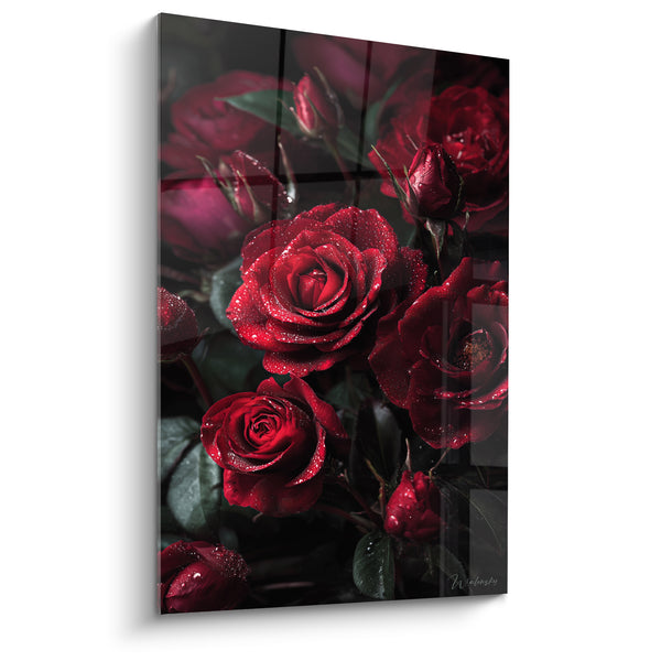 Tableau Roses rouge et noir couvertes de rosée - Bouquet dense épineux - Edition fleur nature