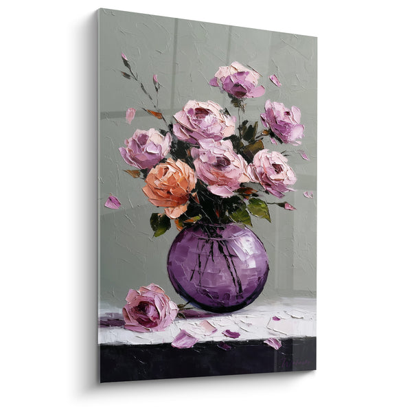 Tableau Bouquet de roses vase violet rond - Fleurs tombées - Edition fleur nature