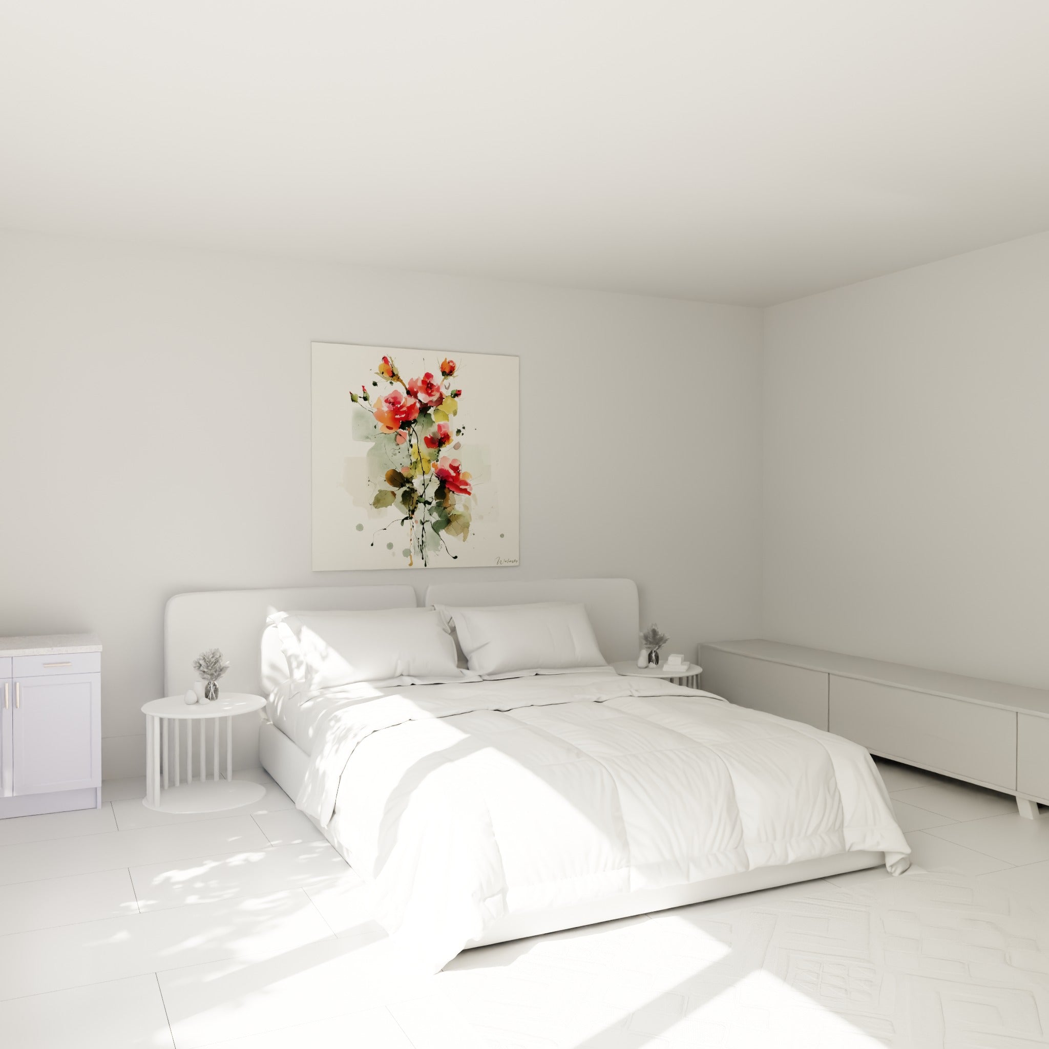 Roses rose vif et vert olive peintes en aquarelle libre, au-dessus d'un lit dans une chambre claire