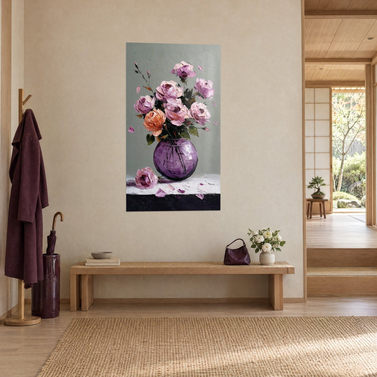 Wall art Pale pink and coral peonies in an amethyst globe, fallen petals on a white table, light wood japandi entryway