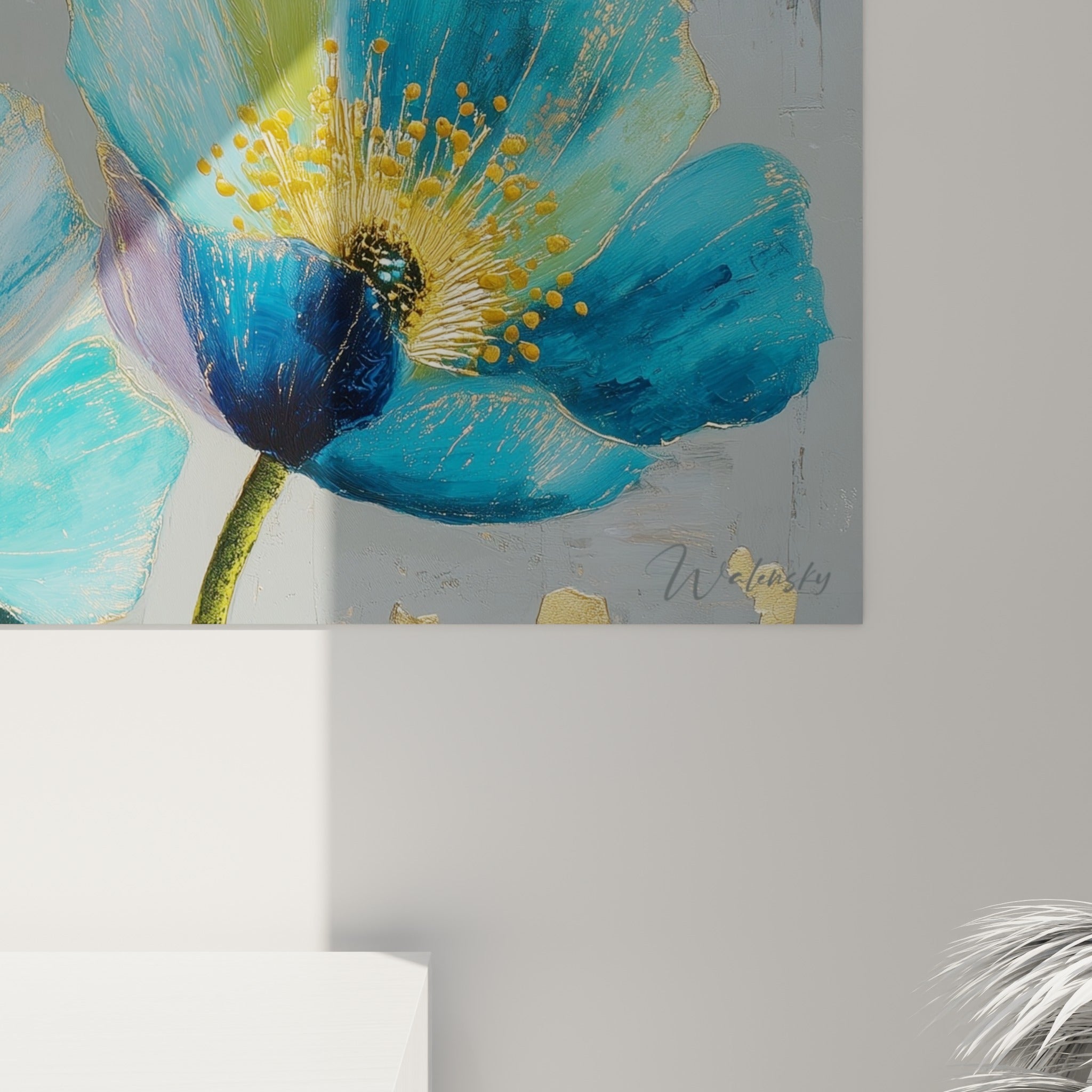 Empâtements dorés et touches bleu profond se mêlant en gros plan sur la matière peinte du tableau