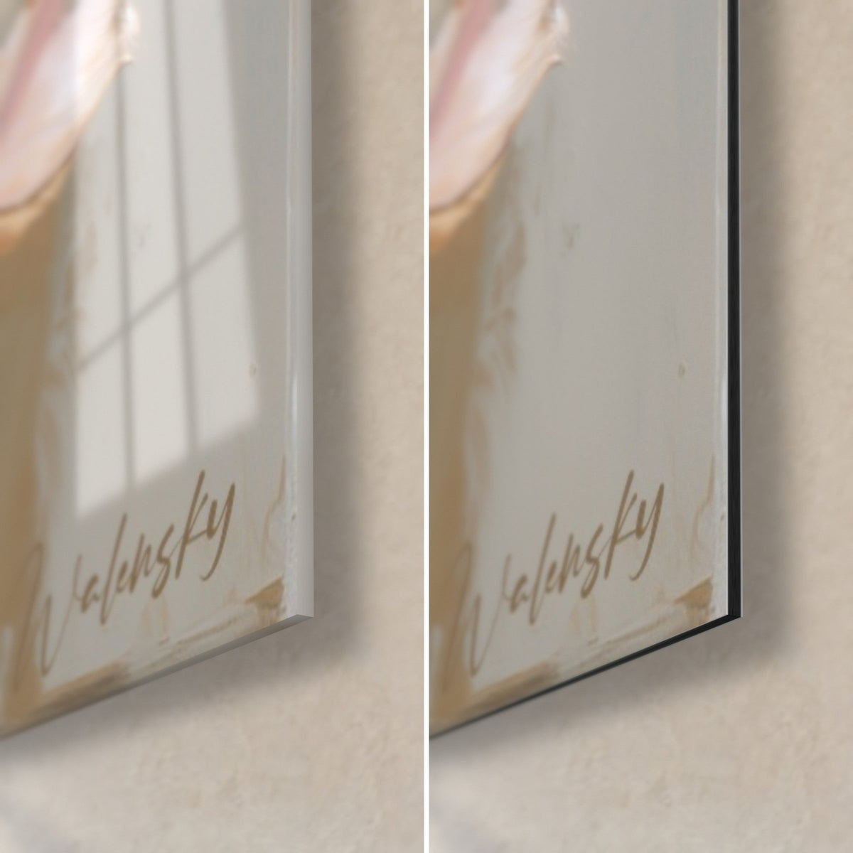 Gemälde Mohnblumen in Rosa und Beige, untere rechte Ecke: glänzendes Acrylglas links, mattschwarzes Alu-Dibond rechts, goldene Signatur
