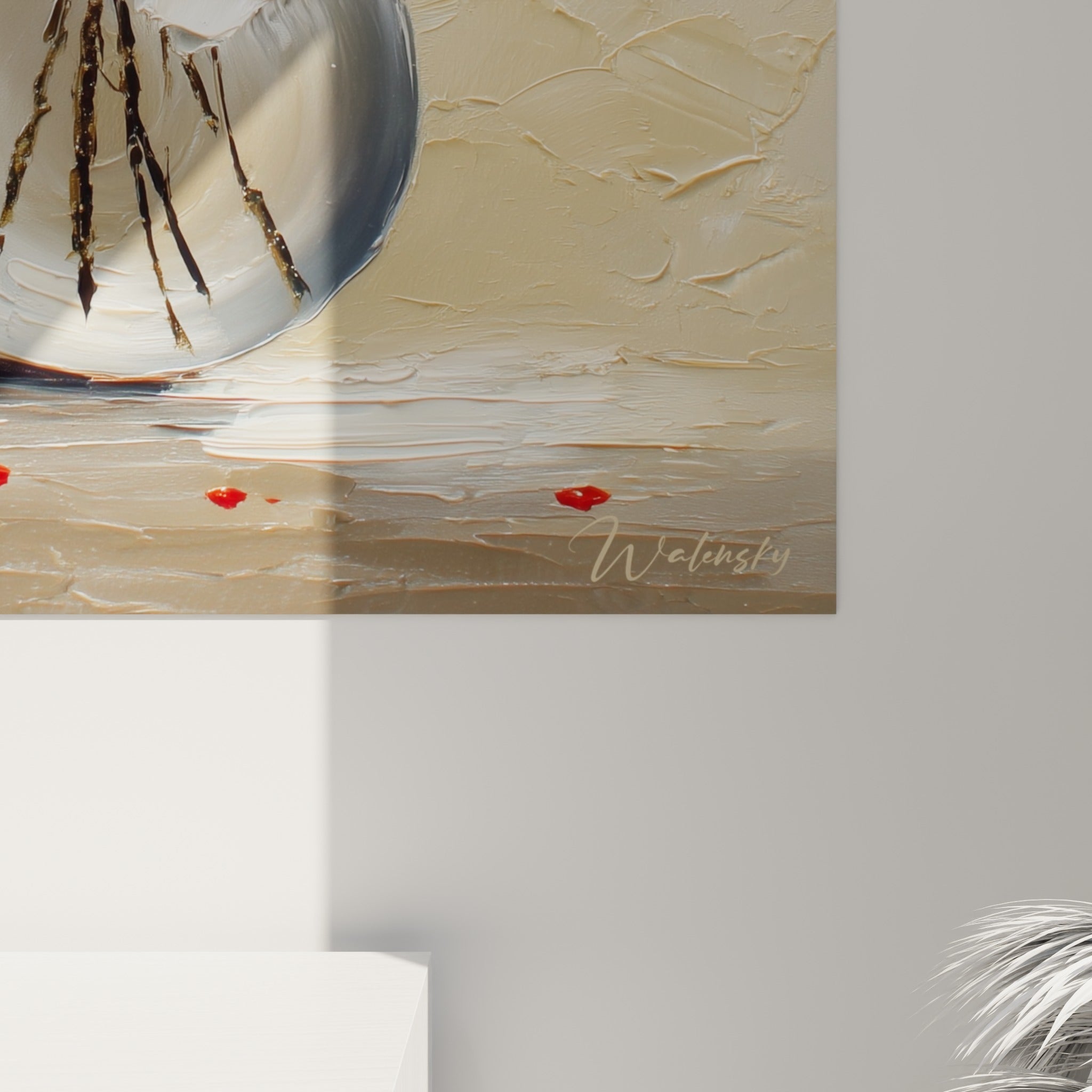 Empâtements de peinture rouge et orangé sur pétale de coquelicot, grain épais et coulures visibles