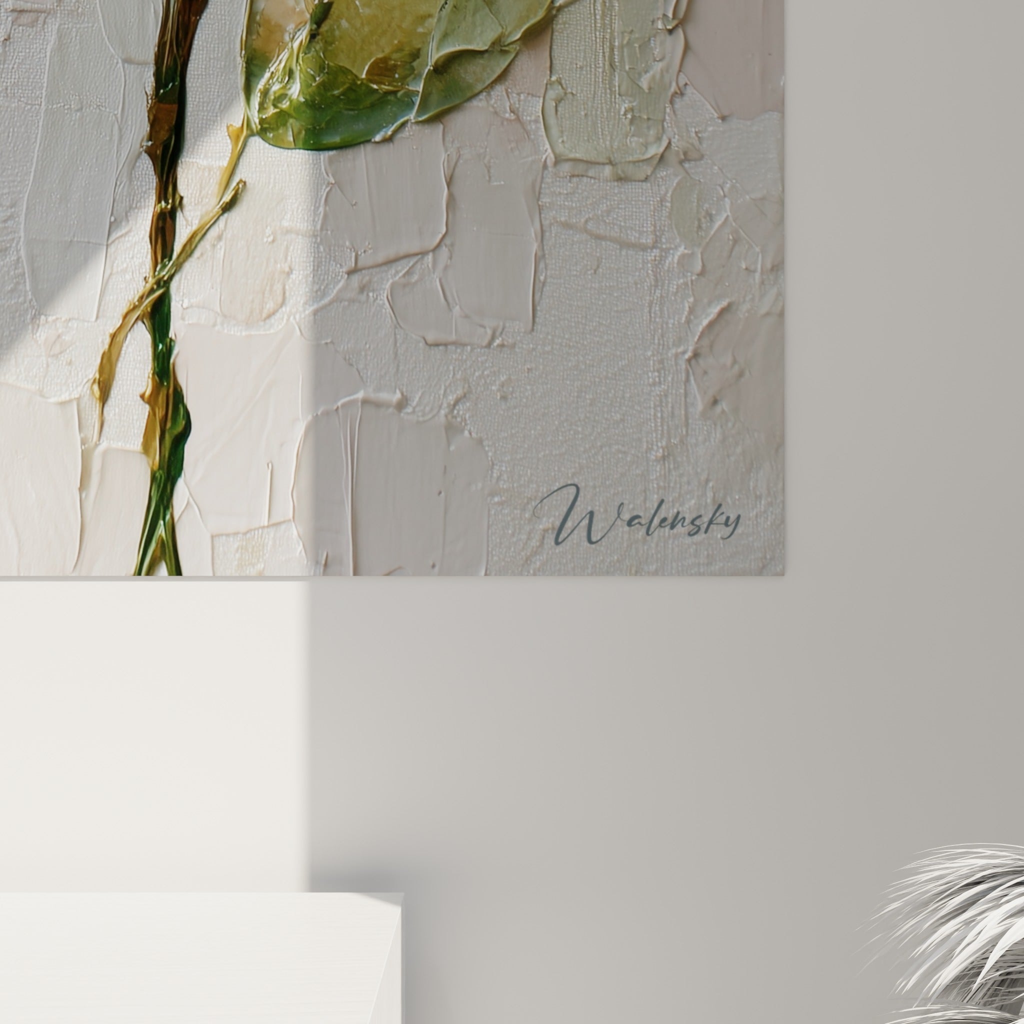 Empâtements épais révélant gouttes de rosée sculptées, nuances rose pâle et vert sauge en gros plan sur la toile