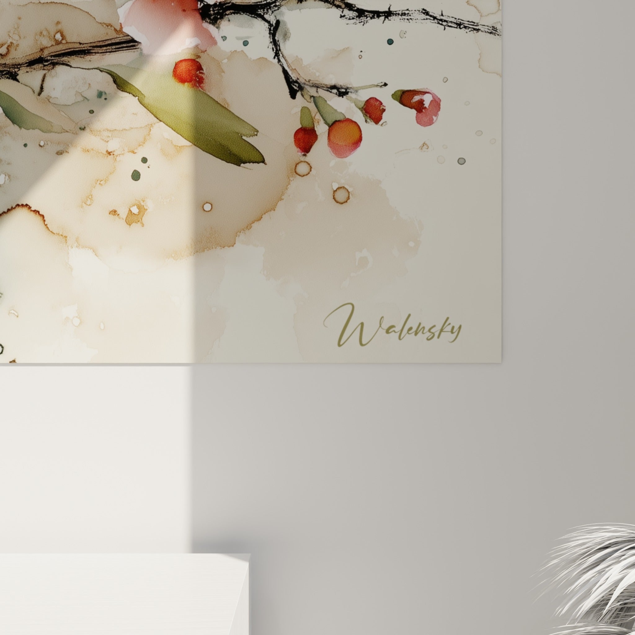 Grain de l'aquarelle révélant les coulures beige et vert sur les pétales roses du tableau