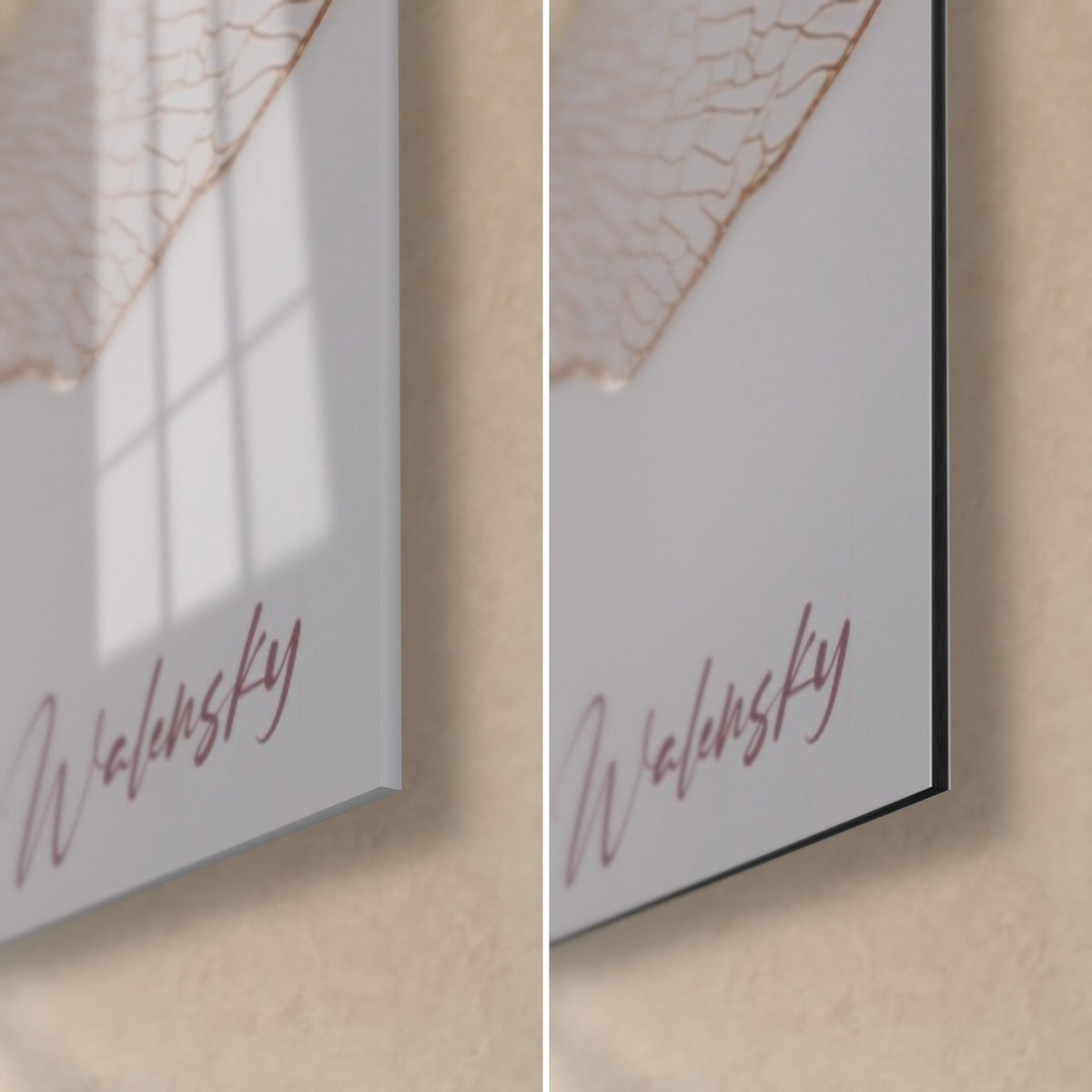 Schilderij van paarse en lichtroze pioenrozen, rechtsonder de hoek: glanzend acrylglas links, mat Dibond rechts, 3 mm rand