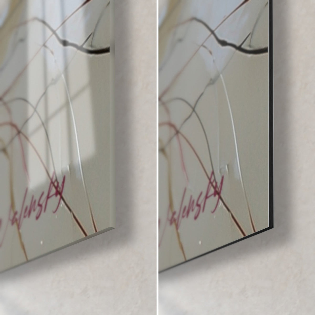 Wall art ivory and purple flowers, bottom right corner: glossy glass on the left, matte Dibond on the right, red signature