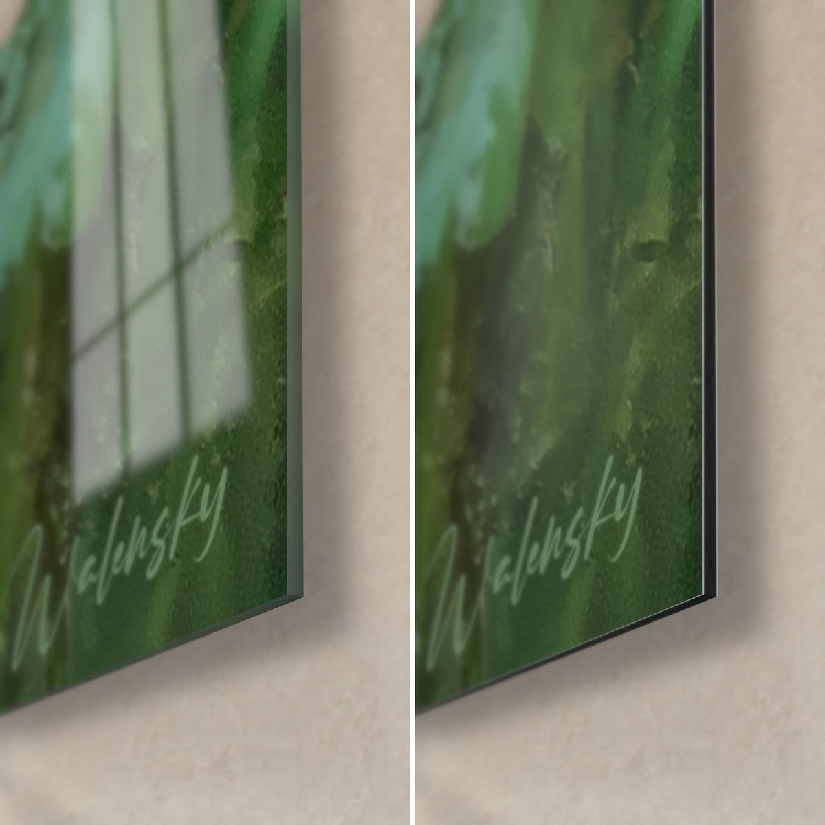 Schilderij van getextureerde witte madeliefjes, rechtsonder: glanzend acrylglas links, mat groen Dibond rechts, dunne rand