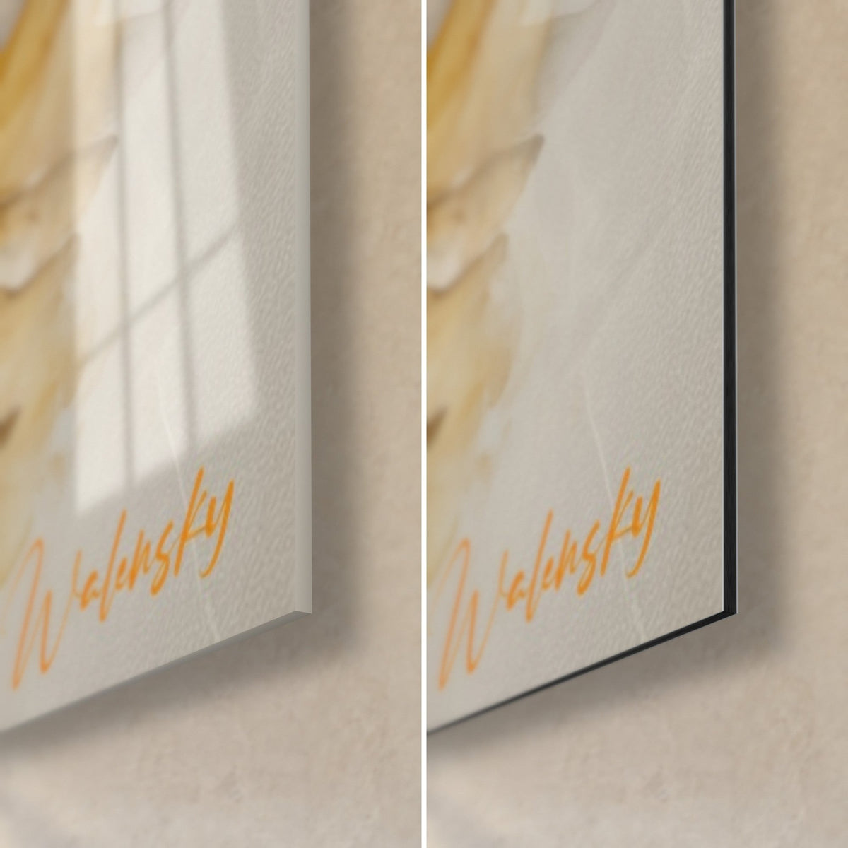 Wall art of a golden sunflower, bottom right corner: glossy acrylic glass on the left, matte grey Dibond on the right, thin 3 mm edge