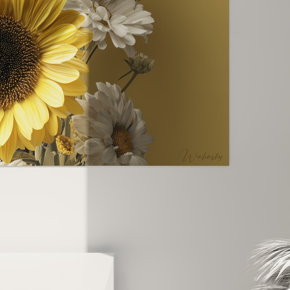 Détail du grain pictural des pétales jaune doré et du cœur brun texturé des tournesols en gros plan