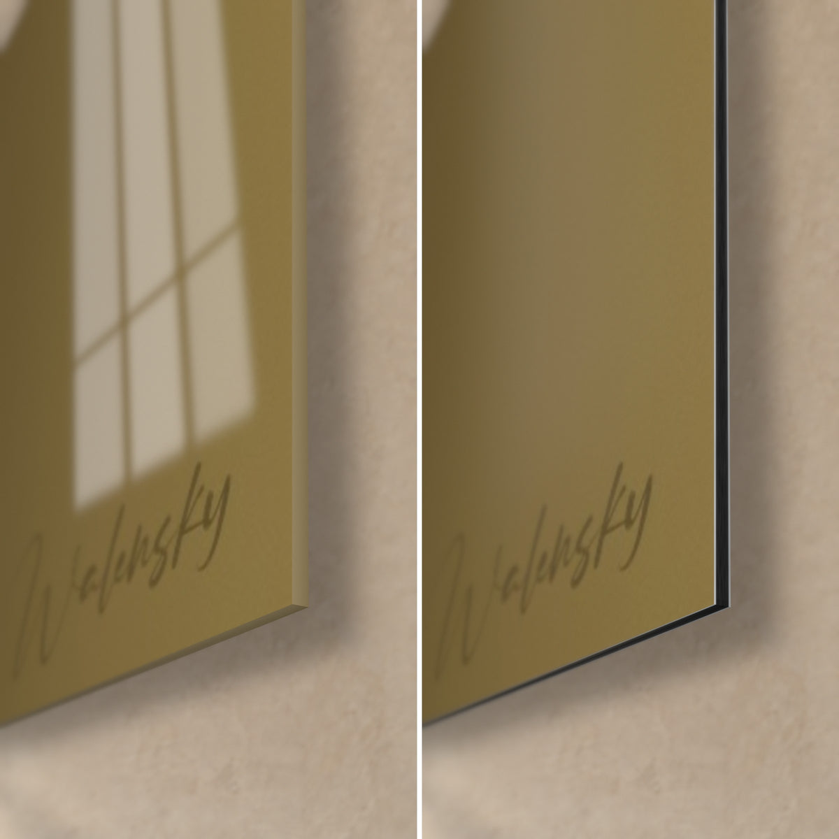 Quadro fiori gialli nell'angolo in basso a destra, vetro lucido con riflessi e Dibond opaco grigio beige, bordo nero di 3 mm
