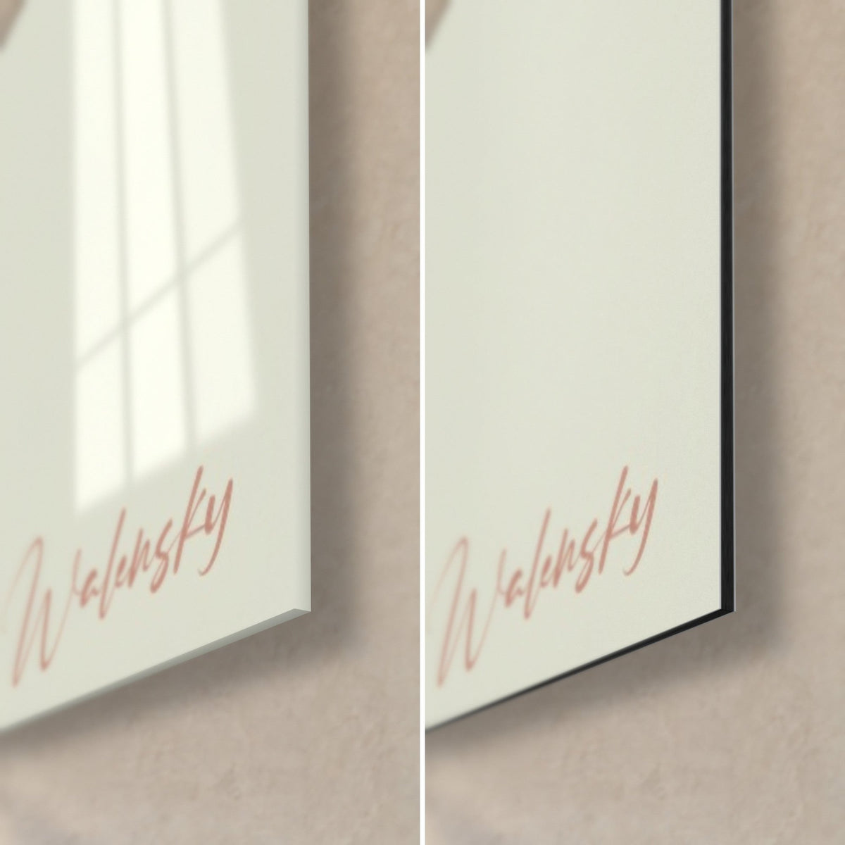 Gemälde transparenter Mohn in Rot und Schwarz, untere rechte Ecke: glänzendes Acrylglas mit Spiegelung des Fensters, mattes Dibond, 3 mm Kante