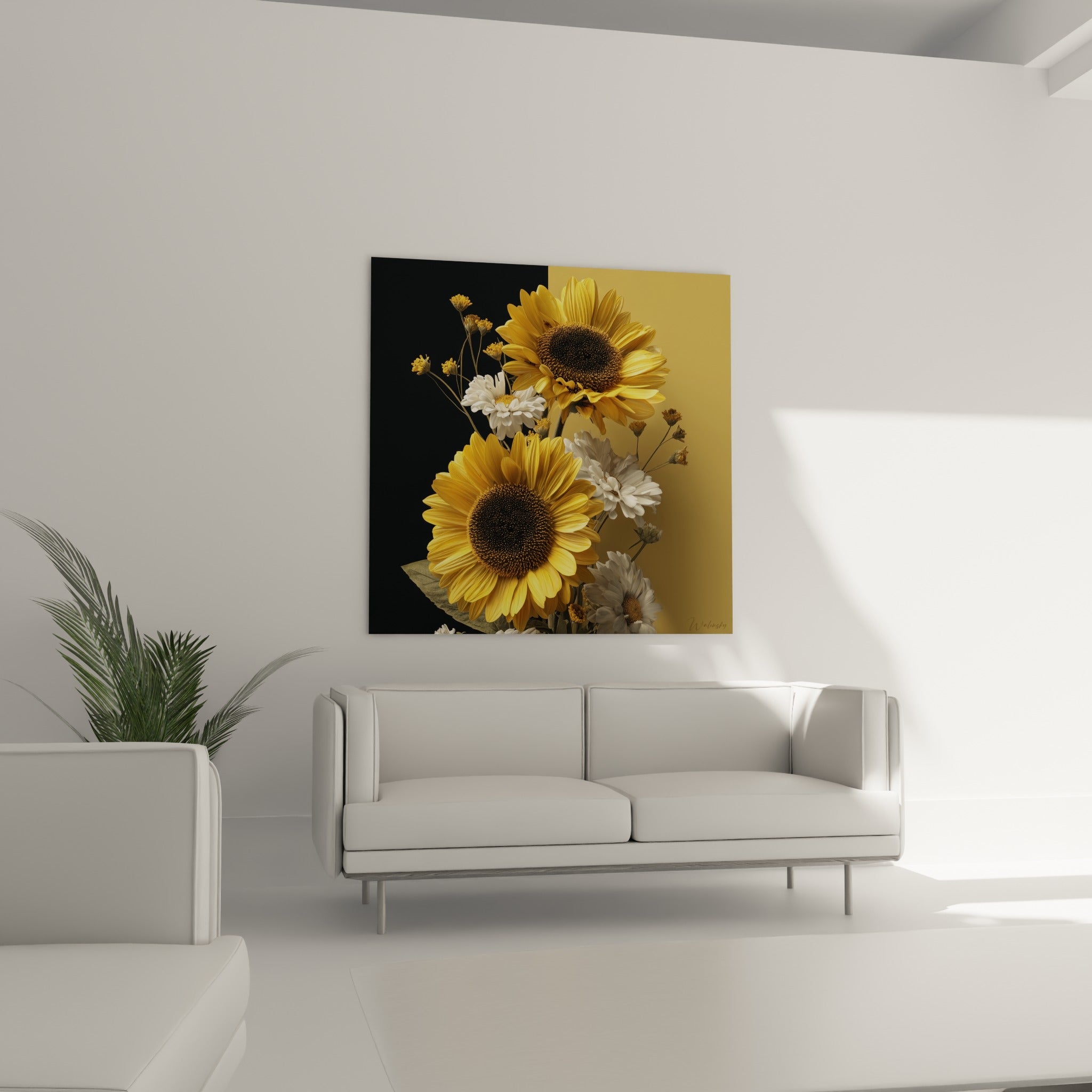 Composition florale jaune doré et blanche sur fond sombre, placée au-dessus d'un canapé dans un salon lumineux