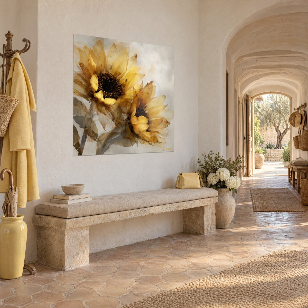 Wall art of honey-yellow sunflowers in transparency, grey stems, hung in the vaulted hallway of a Provençal farmhouse