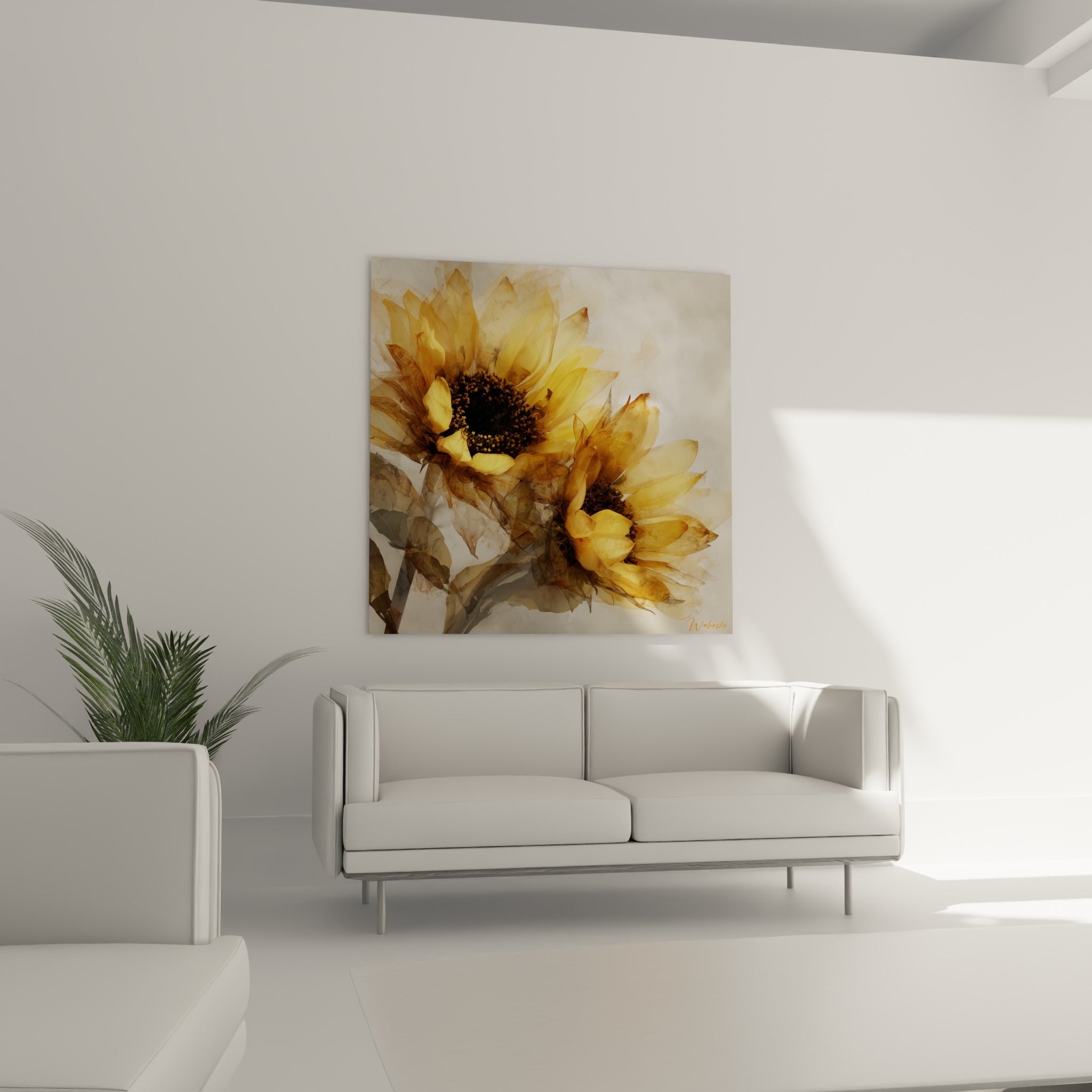 Pétales de tournesol dorés et bruns en surimpression, au-dessus d'un canapé dans un salon lumineux