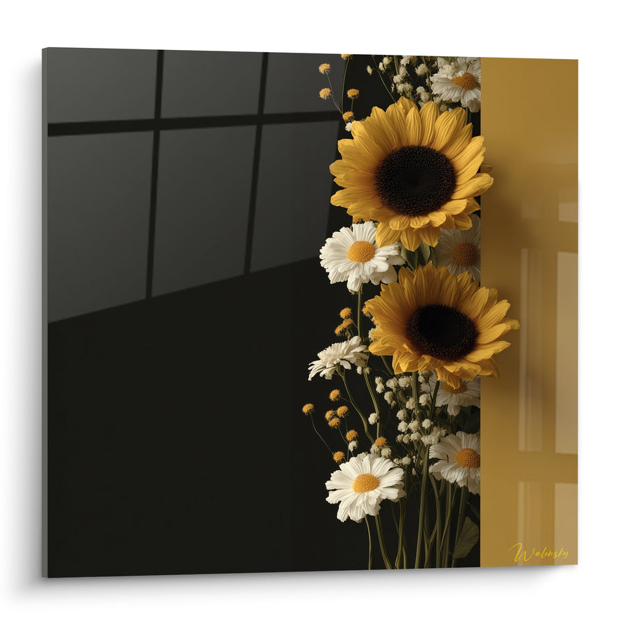 Tableau Tournesols et marguerites sur fond noir - Éclaircie champêtre - Edition fleur nature