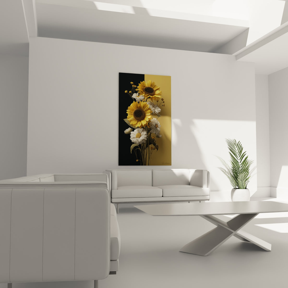 Tournesols jaunes et marguerites blanches disposés au-dessus d'un canapé dans un salon lumineux