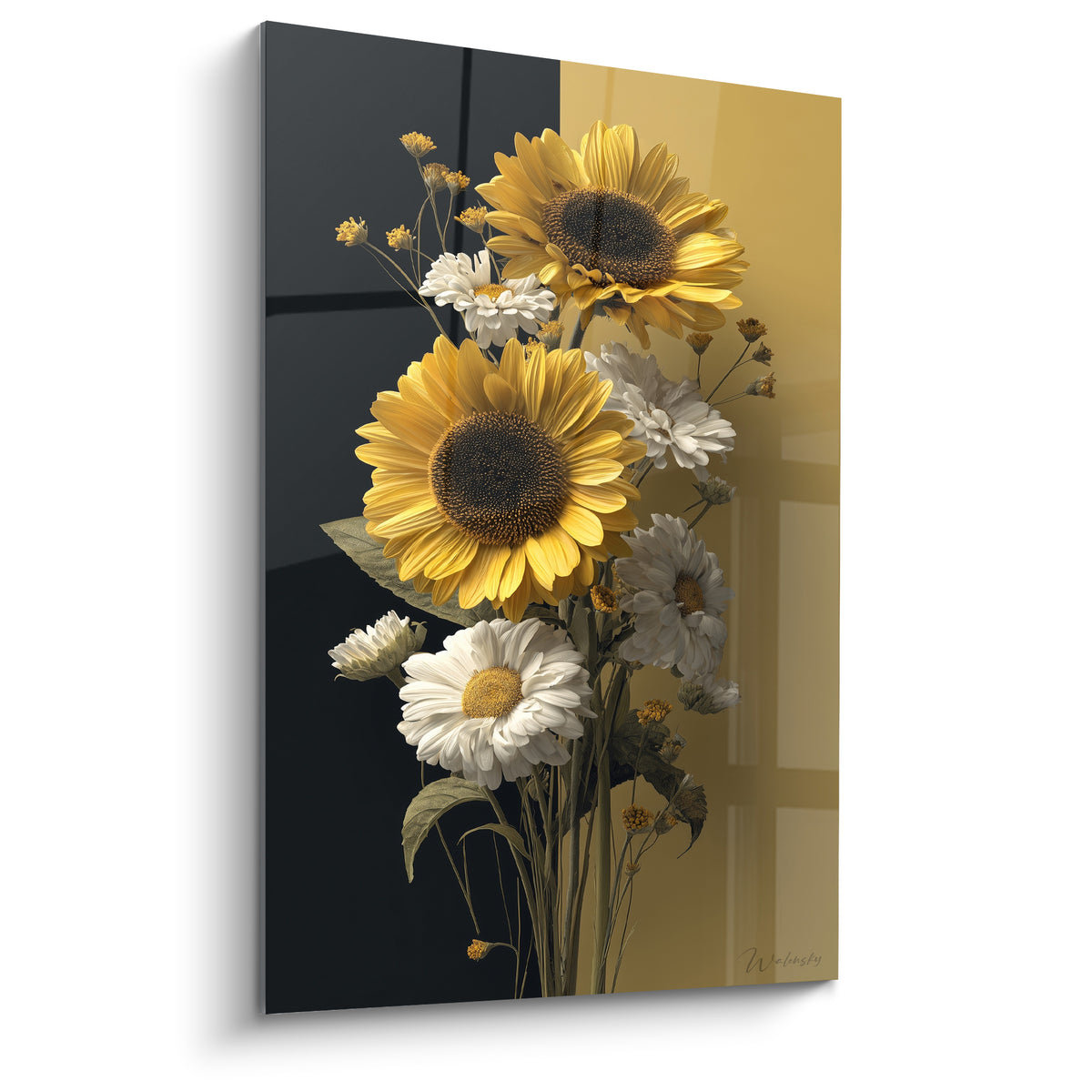 Tournesols jaunes et marguerites blanches sur fond noir et doré, bouquet fleur nature réaliste