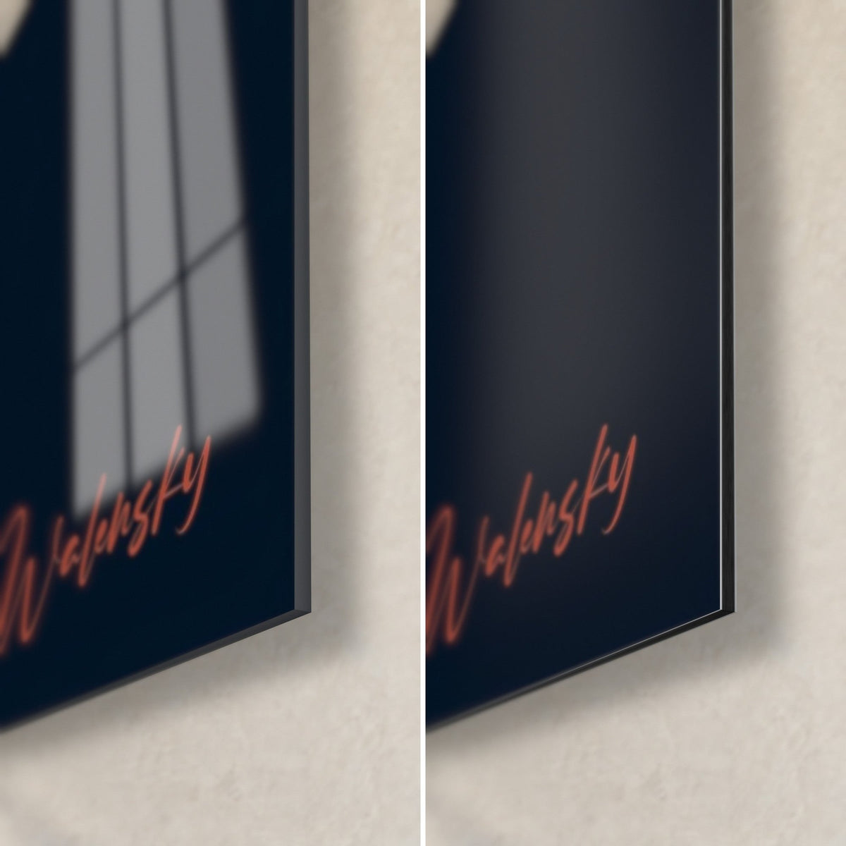 Wall art brick red and coral pink poppies, signed Walensky bottom right, glossy glass on the left, matte Dibond on the right